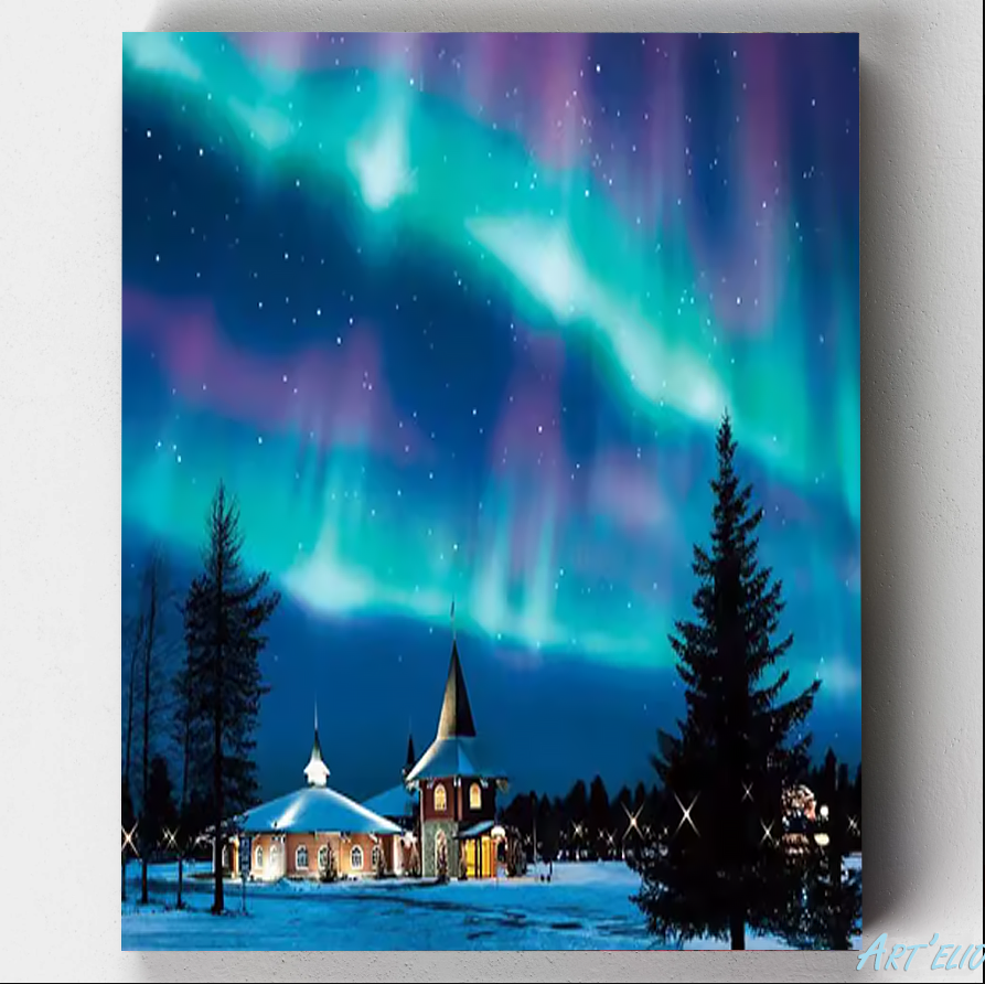 Northern Lights & chalet - 12x16in