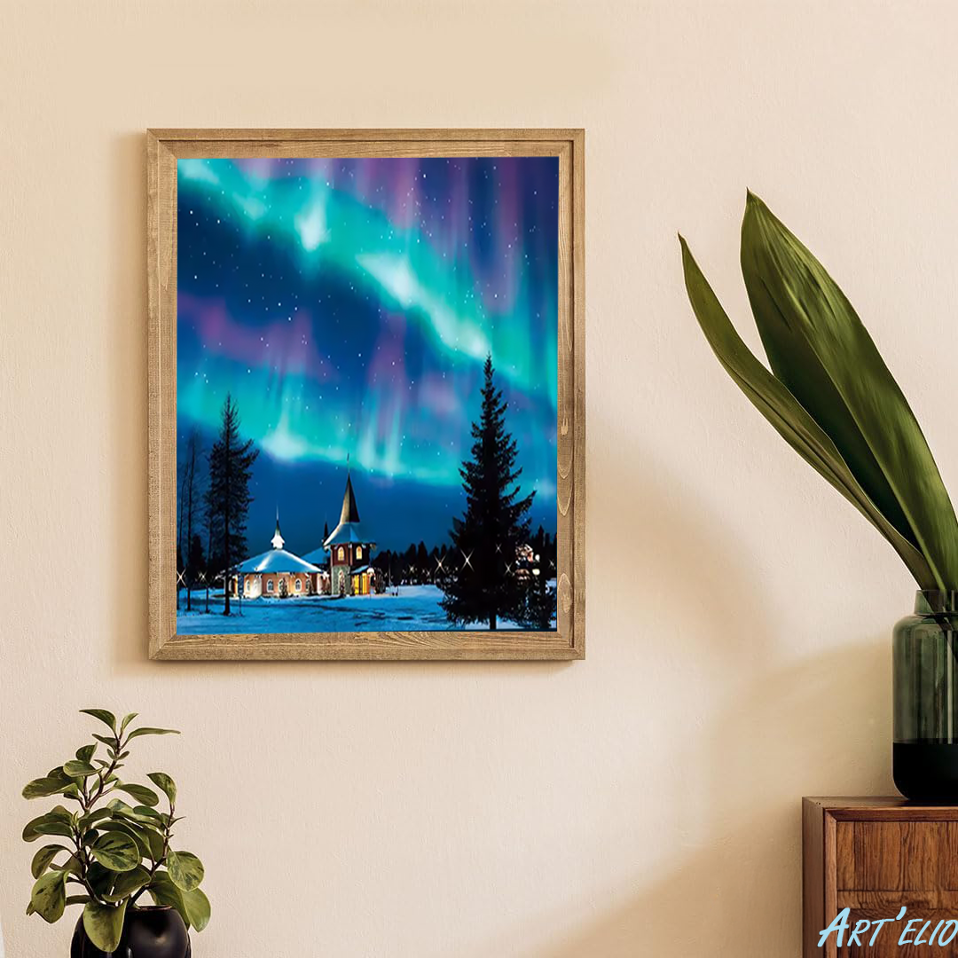 Northern Lights & chalet - 12x16in